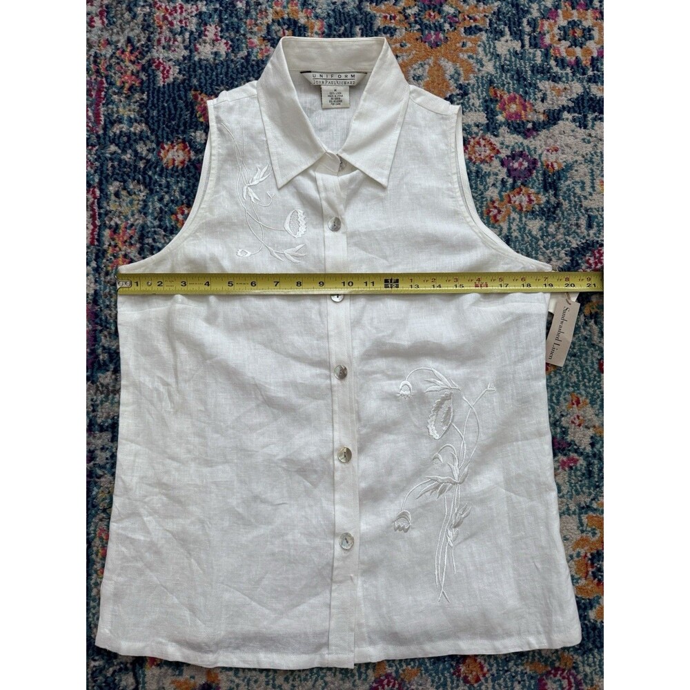 VTG‎ Uniform John Paul Richard Sandwashed LINEN Sleeveless Blouse Embroidered -M - Picture 5 of 7